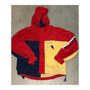 Vintage Regatta Sport Mens Colorblock Sailing Jacket Hooded Windbreaker Red L